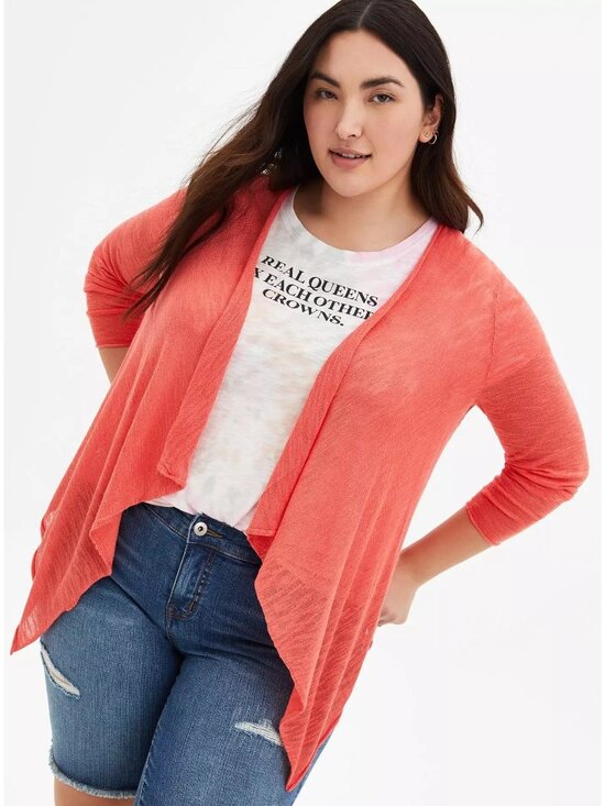 torrid Sweaters - Torrid Slub Cardigan Sweater Size 6X Drape Front Long Sleeve Rayon Blend Coral